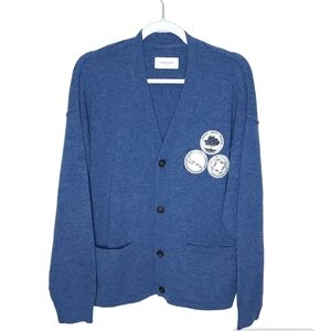 Ovadia & Sons Blue 100% Lambswool Cardigan Sweater Patches Sample Piece Size 2X